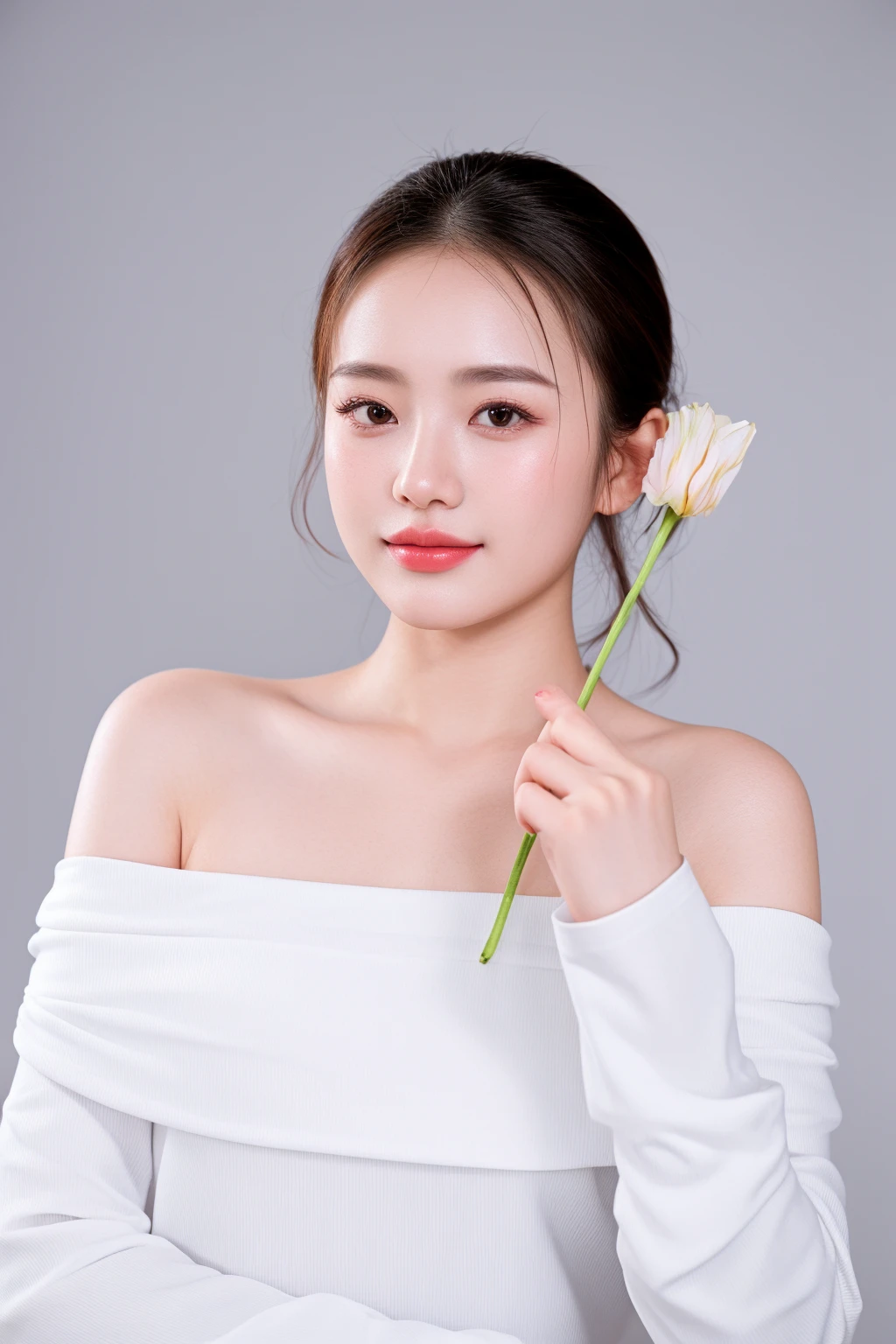there is a woman in a white dress holding a flower, young beautiful woman, a cute young woman, young asian woman, a young asian woman, gorgeous young korean woman, cute young woman, beautiful young korean woman, beautiful young asian woman, a beautiful young woman, young asian girl, holding a flower, lovely woman, a cute and beautiful young woman, cute elegant pose