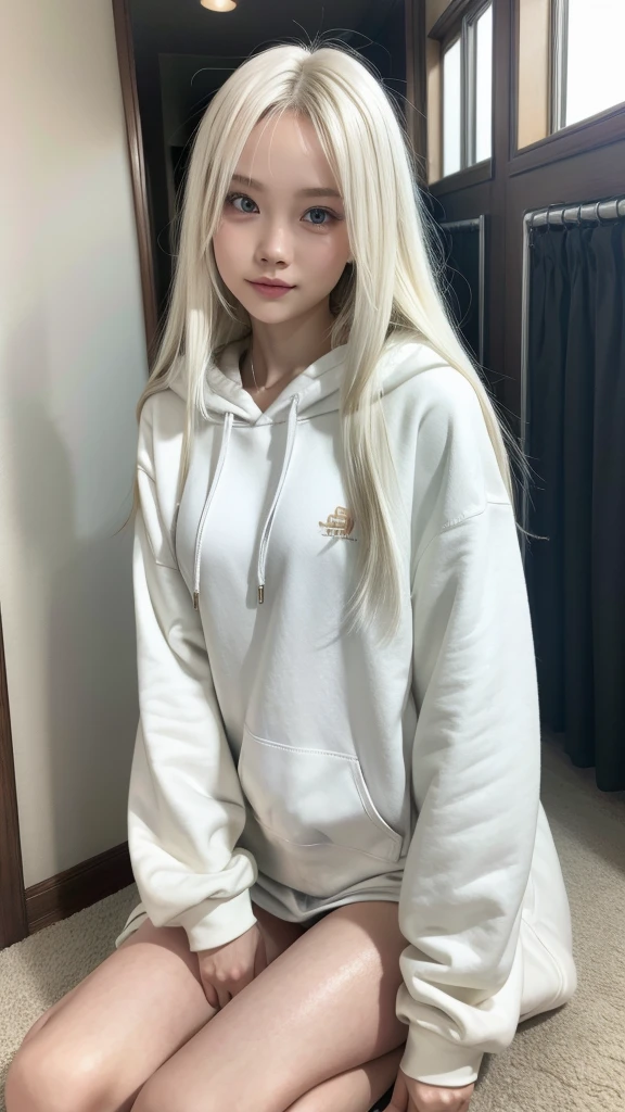 skinny girl. beautiful, long white hair, oversized hoodie, tight short, realistic, Ichikajp