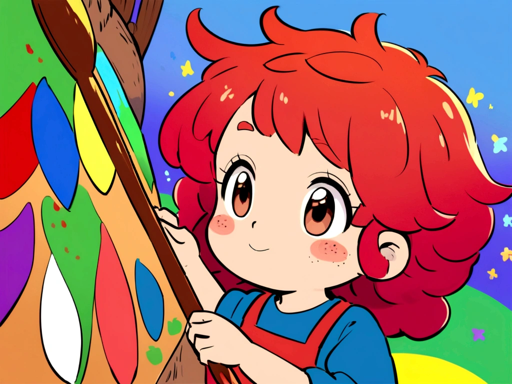 a cute  8 year o is redheaded and has brown eyes, she is a painter and is a little dirty with paint. She is painting in her room with the brush in her hand. [Studio Ghibli style, colorful, bright colors,]