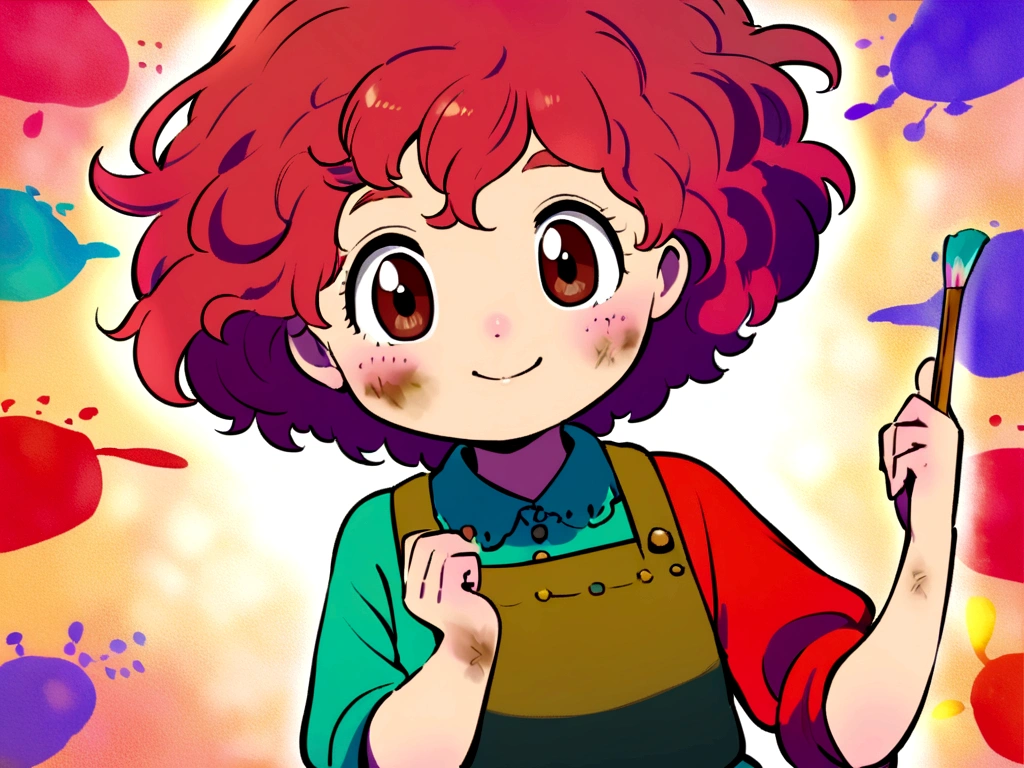 a cute little 8 year old , she is redheaded and has brown eyes, she is a painter and is a little dirty with paint. She is painting in her room with the brush in her hand. [Studio Ghibli style, colorful, bright colors,]