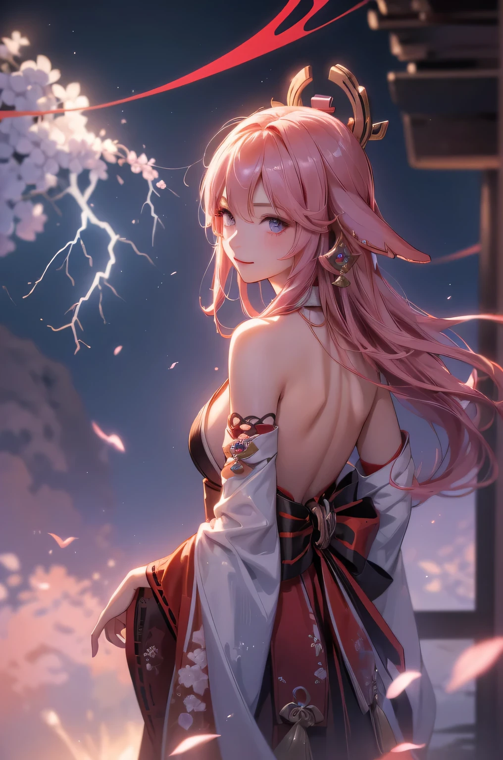 ((yaemikodef)):1.5, ((masterpiece,Highest quality,Highly detailed images,Beautiful images)), (Image of yaemiko smiling in front of lightning、Overall dim lighting、Backlight、Fantastic dark atmosphere、Thick Fog、Dust flutters),(stand, from backside.)1.2, sideboob