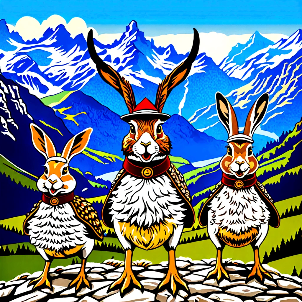 A detailed, realistic Bavarian Wolpertinger from a duck, a rabbit, and a deer, with a Tyrolean hat, with sharp edges, in a mountainous landscape in the background in comic style