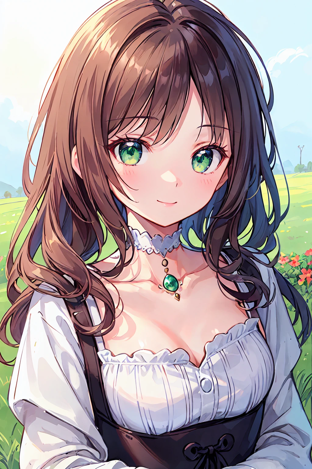 (masterpiece), (Highest quality), Ultra-high resolution, Sharp focus, Warm pastel tones, ((One Mature Woman, alone)), Upper Body, Mid-range long shot, MLS, Beautiful detailed hair, Chestnut Hair, Disheveled long hair, Beautifully detailed face, ((Beautiful eye shape, Green Eyes)), Perfect feminine face, smile, smile, View your audience,Feminine lightweight dress, On a beautiful morning, Beautiful flowers blooming on the ground in the grassland，Modest milk