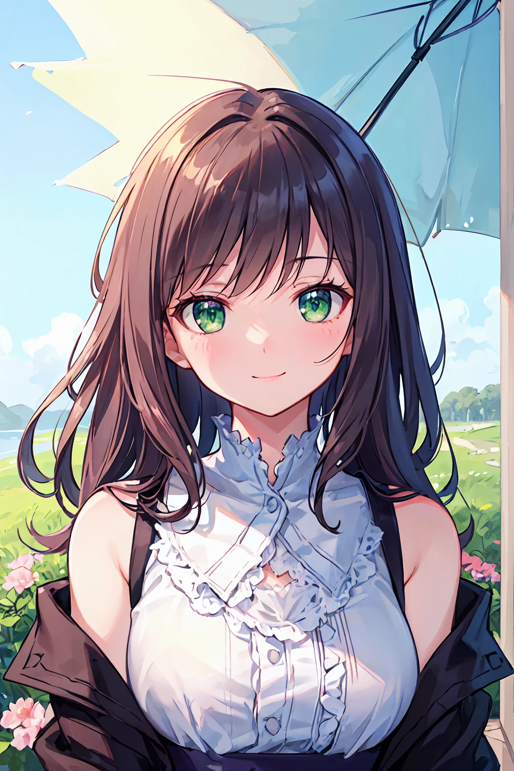 (masterpiece), (Highest quality), Ultra-high resolution, Sharp focus, Warm pastel tones, ((One Mature Woman, alone)), Upper Body, Mid-range long shot, MLS, Beautiful detailed hair, Chestnut Hair, Disheveled long hair, Beautifully detailed face, ((Beautiful eye shape, Green Eyes)), Perfect feminine face, smile, smile, View your audience,Feminine lightweight dress, On a beautiful morning, Beautiful flowers blooming on the ground in the grassland，Modest milk