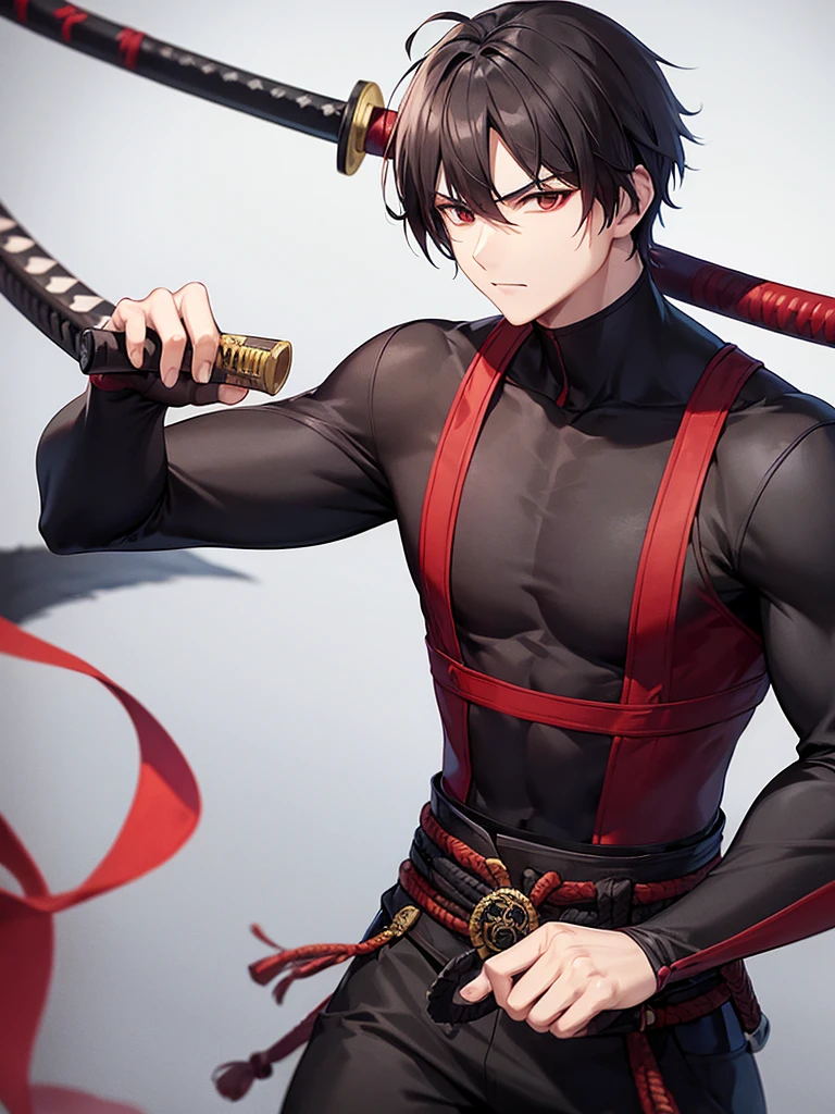 man , low taper haircut , wear a hashira clothes , tall , red black eyes , bring katana with him , dark hair , ninja , strong