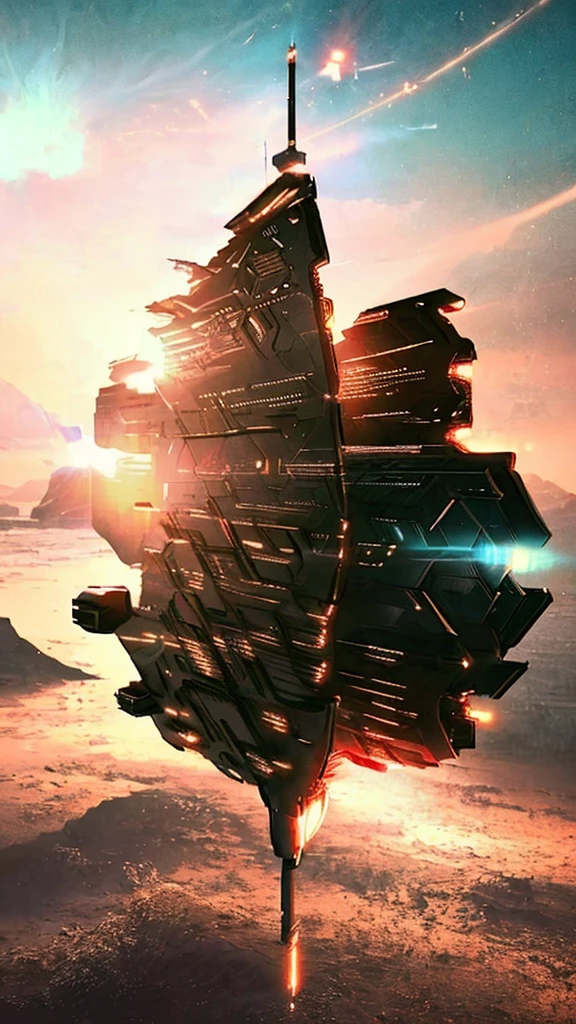Alien vertical spaceship landing in a deserted landscape, the ship is immensely massive, science fiction vibes, blade runner 2049, cinematic light, magic hours, 50mm, Alexa camera