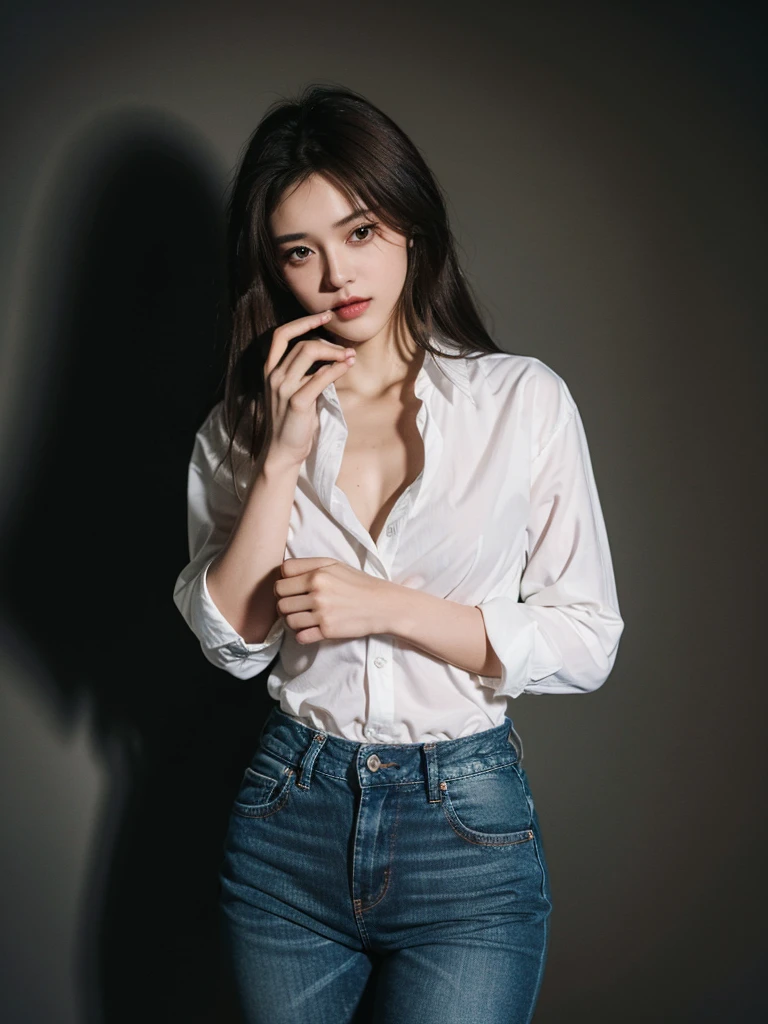 ((Highest quality, 8K, masterpiece :1.3)), Sharp focus :1.2, Beautiful woman with perfect figure :1.4, 1 Girl,Slim Abs :1.2, ((Dark brown hair,chest :1.2)), (White long formal shirt)(Unbutton your shirt.), Gray background:1.2, Highly detailed face and skin texture, fine grain, double eyelid,Beautiful Hands,Five Fingers,Fashion model posing,Full body portrait,Cowboy Shot,jeans,Cast a Shadow,