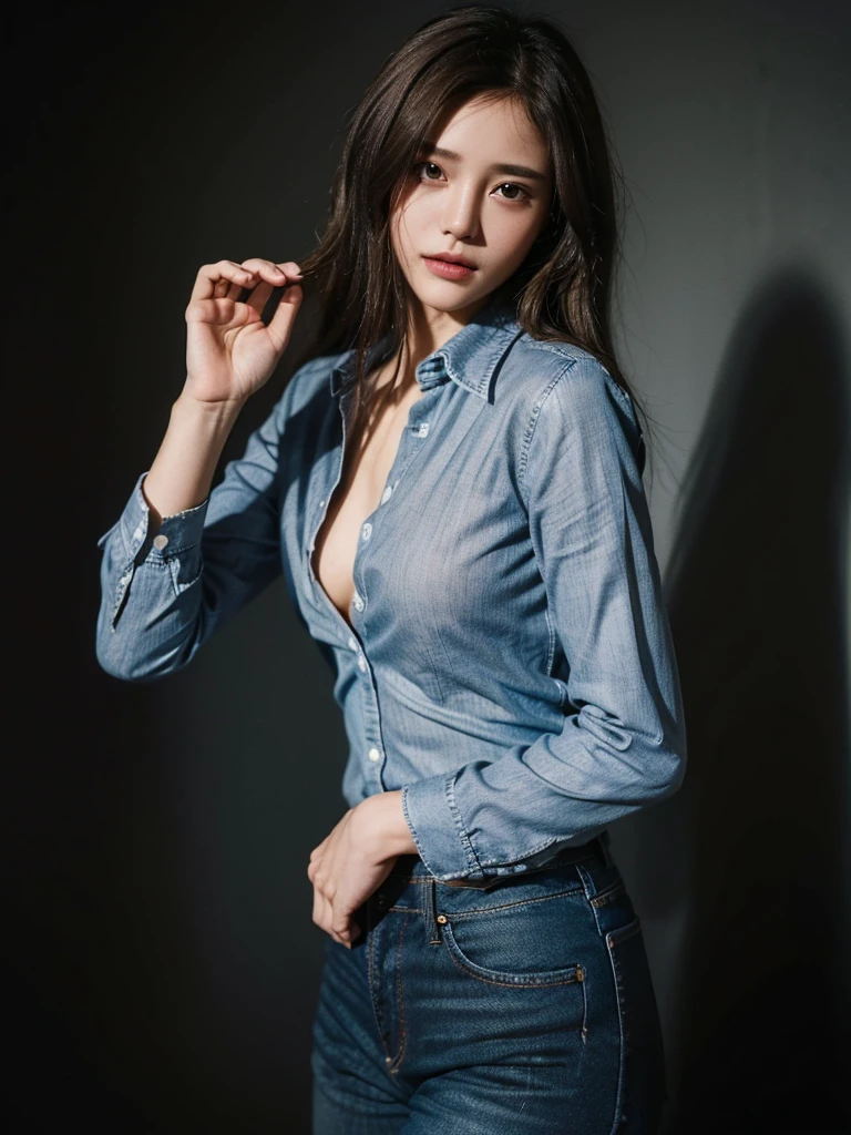 ((Highest quality, 8K, masterpiece :1.3)), Sharp focus :1.2, Beautiful woman with perfect figure :1.4, 1 Girl,Slim Abs :1.2, ((Dark brown hair,chest :1.2)), (White long formal shirt)(Unbutton your shirt.), Gray background:1.2, Highly detailed face and skin texture, fine grain, double eyelid,Beautiful Hands，Five Fingers,Fashion model posing,Full body portrait,Cowboy Shot,jeans,Cast a Shadow,