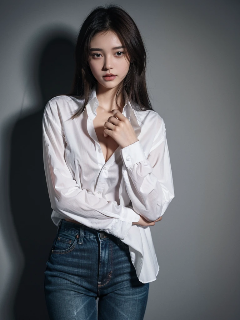 ((Highest quality, 8K, masterpiece :1.3)), Sharp focus :1.2, Beautiful woman with perfect figure :1.4, 1 Girl,Slim Abs :1.2, ((Dark brown hair,chest :1.2)), (White long formal shirt)(Unbutton your shirt.), Gray background:1.2, Highly detailed face and skin texture, fine grain, double eyelid,Beautiful Hands,Five Fingers,Fashion model posing,Full body portrait,Cowboy Shot,jeans,Cast a Shadow,