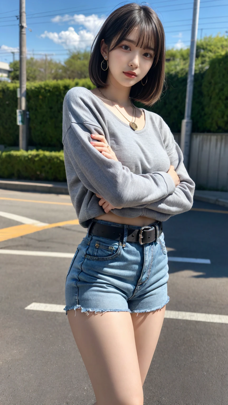 masterpiece, best quality, illustration, Super detailed, fine details, High resolution, 8K,wall paper, perfect dynamic composition, full body photo, back view, leaning forward, crossed arms, (Details High quality, realistic depiction of eyes:1.3), 20 year old girl, Gravure Idol, cute type, large breasts, short bob hair, black hair color, Korean style makeup, Big Natural Color Lip, thick thighs, perfect body shape, plump figure,large hips, champion gray sweatshirt, denim short pants, Leather belt, necklace, earrings