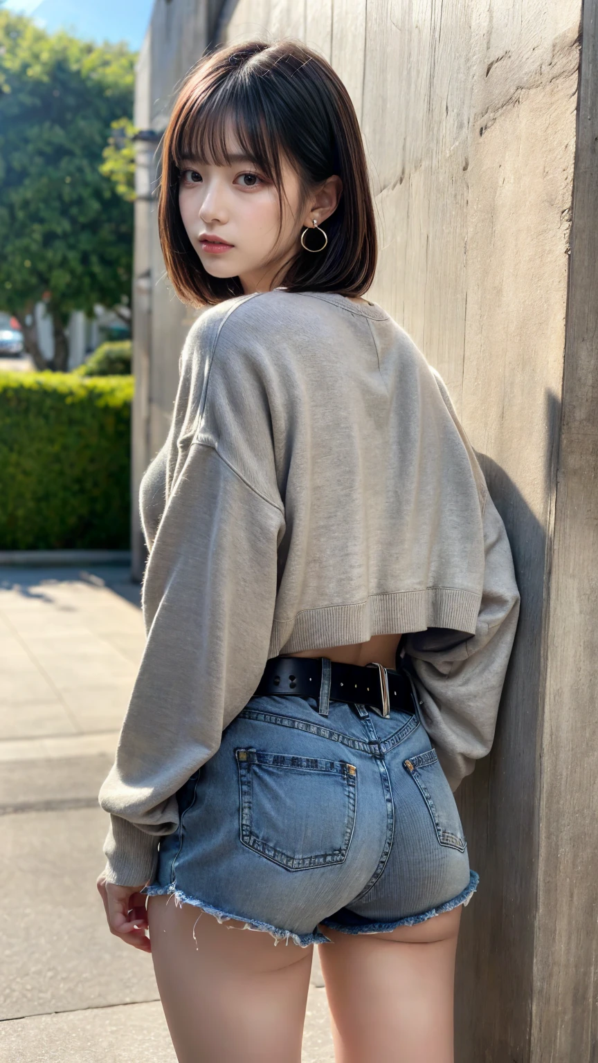 masterpiece, best quality, illustration, Super detailed, fine details, High resolution, 8K,wall paper, perfect dynamic composition, full body photo,  back view, leaning forward, crossed arms, (Details High quality, realistic depiction of eyes:1.3), 20 year old girl, Gravure Idol, cute type, large breasts, short bob hair, black hair color, Korean style makeup, Big Natural Color Lip, thick thighs, perfect body shape, plump figure,large hips,  champion gray sweatshirt, denim short pants, Leather belt, necklace, earrings