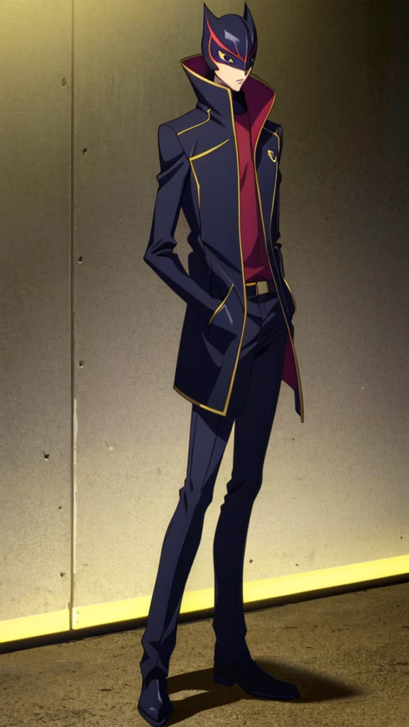Male, ager, vigilante, wearing dark clothes, a coat, and a mask, athletic build, hands in pockets, standing at attention, nighttime setting, lone figure, facing viewer, fully in frame, full body shot, Code Geass style, codeGeass, CODEGEASS