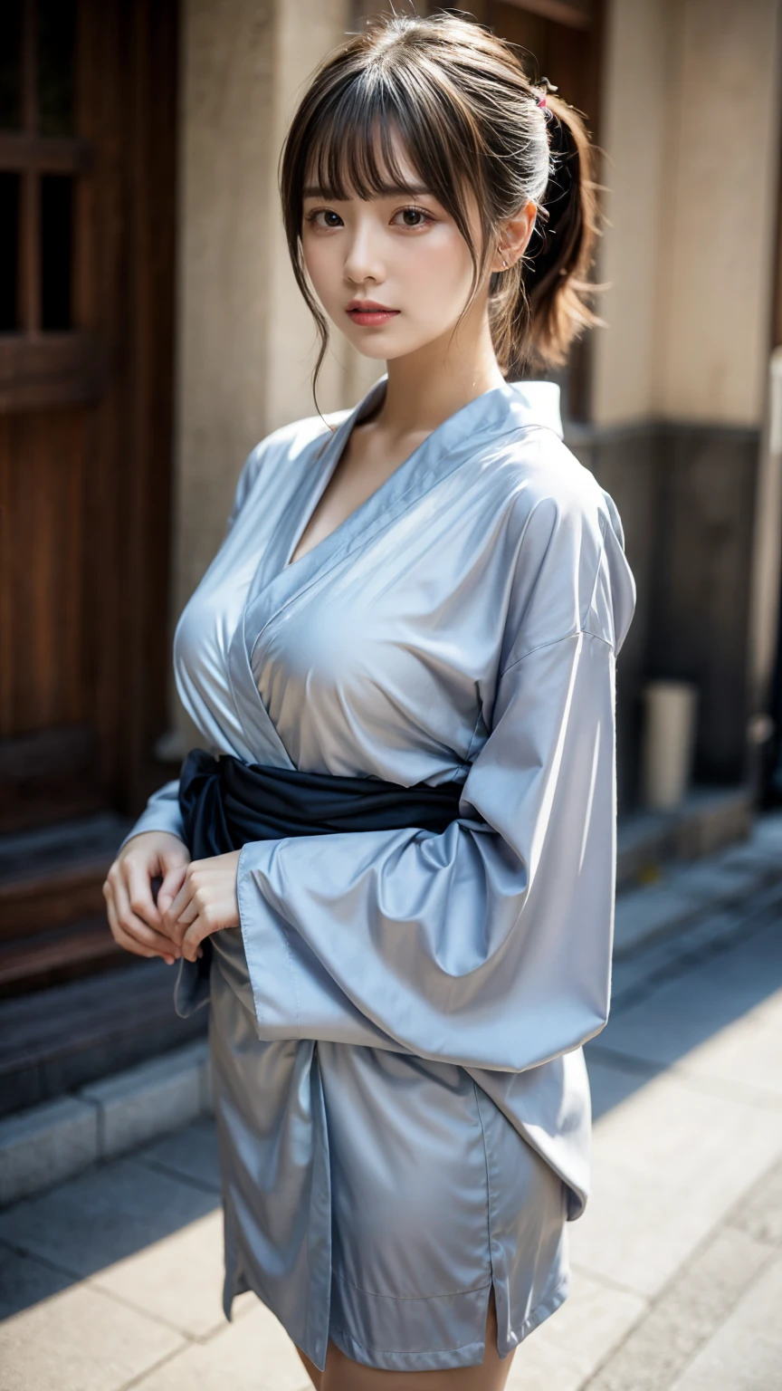 masterpiece, Best Quality, 8K, 20 yo, huge breasts, cuddly, Solo, sad, Cute, Girly, Delicate girl, Neat and clean beauty, Raw photo, Professional Photography, Portrait, full body, front view, perfect body shape, Sophisticated, Film grain, (Eyes and faces with detailed:1.0), ponytail, short length floating hair, beautiful flowing hair, bangs, Kimono Wrap Shirt