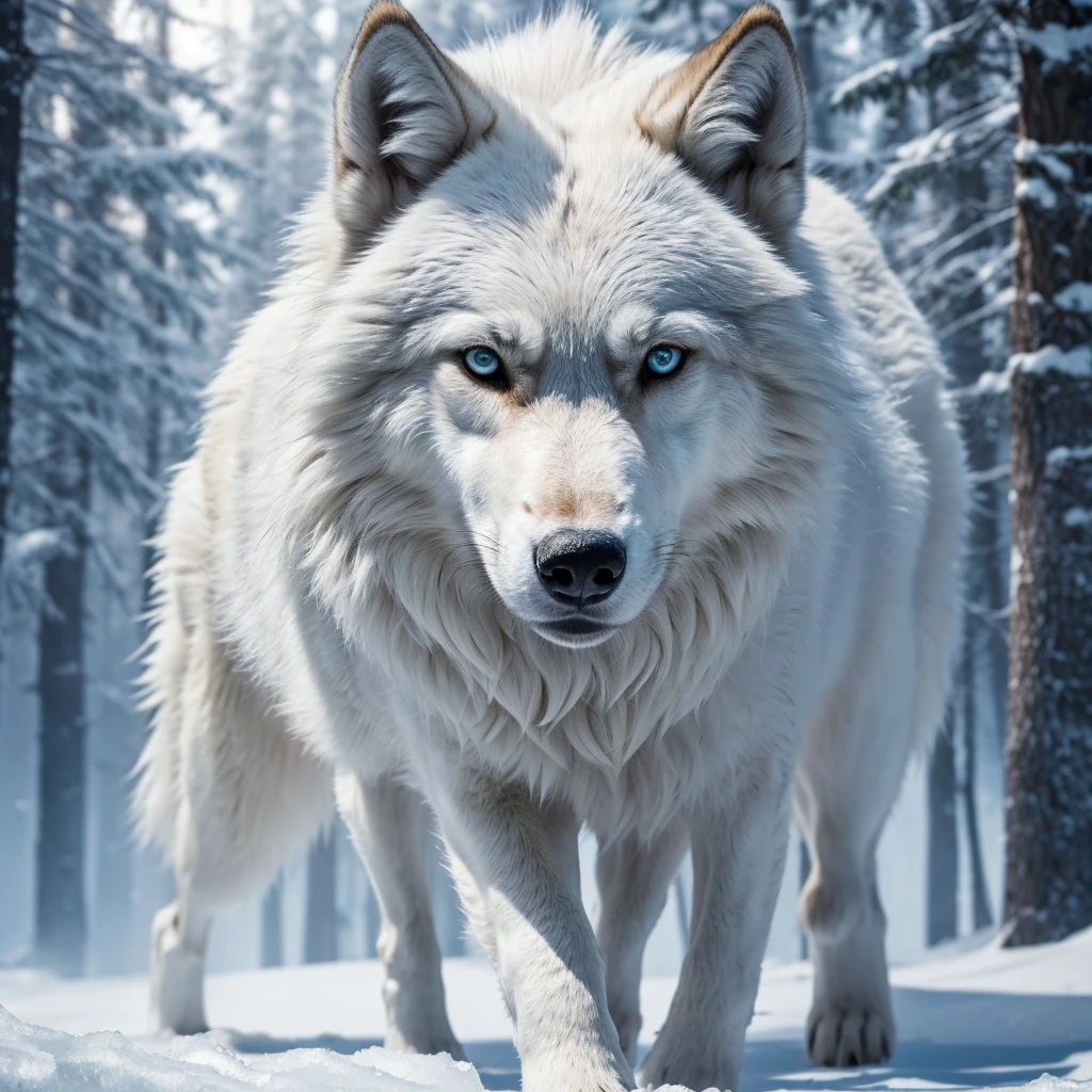 (8K, best qualityer, work of art: 1.2), (best qualityer: 1.0), (ultra-high resolution: 1.0), Animal, white wolf, Glace gigante, full body and bright eyes, Wolf, grey, Glace, ice.
