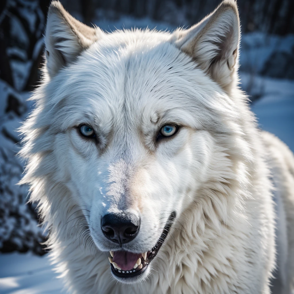 (8K, best qualityer, work of art: 1.2), (best qualityer: 1.0), (ultra-high resolution: 1.0), Animal, white wolf, Glace gigante, full body and bright eyes, Wolf, grey, Glace, ice.