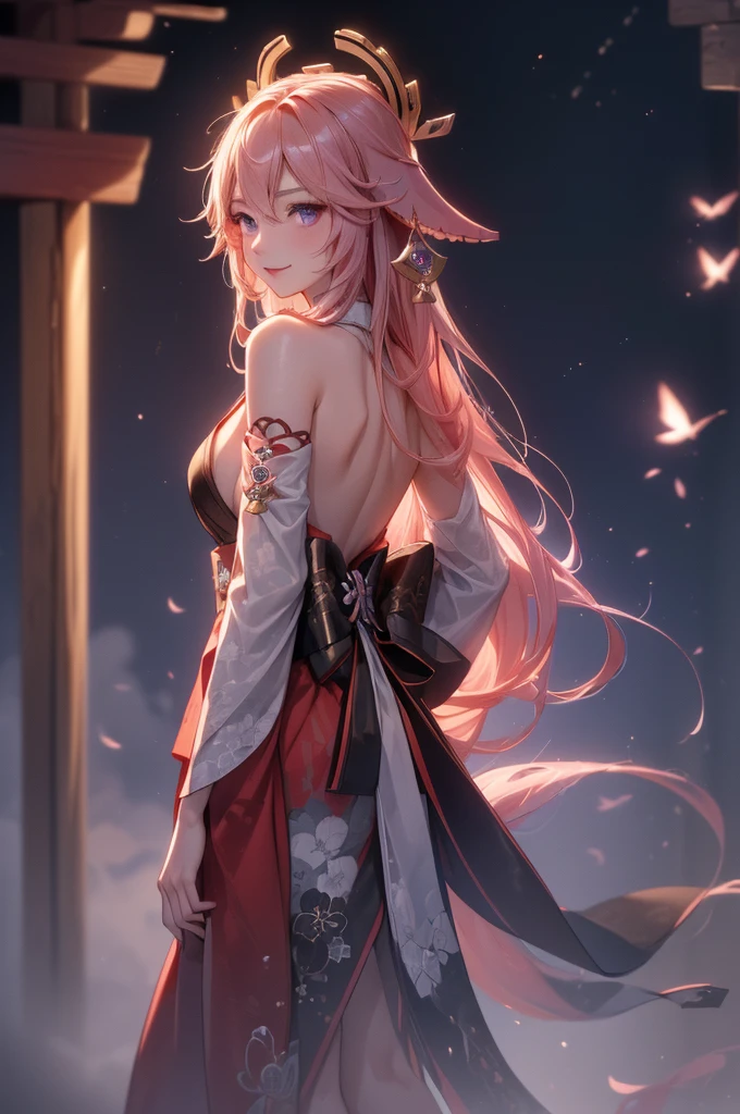 ((yaemikodef)):1.5, ((masterpiece,Highest quality,Highly detailed images,Beautiful images)), (Image of yaemiko smiling in front of lightning、Overall dim lighting、Backlight、Fantastic dark atmosphere、Thick Fog、Dust flutters),(stand, from backside.)1.2, sideboob