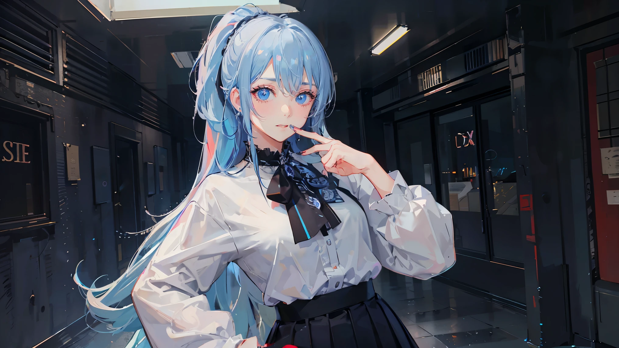 pretty anime girl, 16k quality, masterpiece, ((hyper detail background, delicate pattern, intricate detail)), best quality, intricate detail, chromatic aberration, 1 girl, splashed paint, blue-gray color hair, messy hair, ponytail hairstyle, ruddy blue highlights, ruddy blue eyes, sharp eyes, extremely detailed face, extremely detailed eyes and face, beautiful detail eyes, chokes, bar house, graffiti, dim lights, alley, oversize shirt, paint on shirt, red line shirt, black medium skirt, masterpiece, best quality, extremely detail shadow quality, advance for background and shadows quality, all body, wear a glass, colorful, all body.