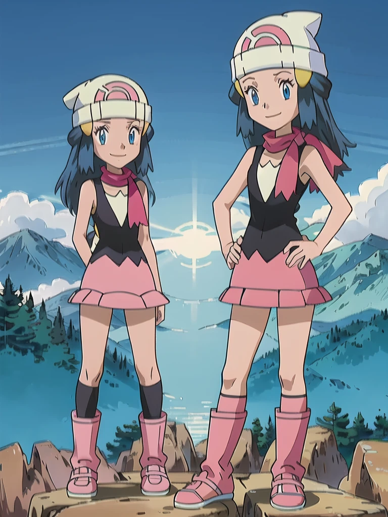 masterpiece, best quality, 1girl, dawn \(pokemon\), beanie, long hair, blue hair, blue eyes, black sleeveless shirt, pink scarf, pink skirt, pink boots, hands on hips, smile, looking at viewer, forest background 