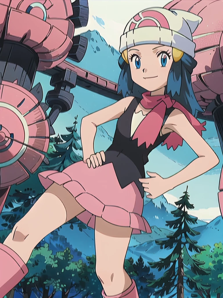 masterpiece, best quality, 1girl, dawn \(pokemon\), beanie, long hair, blue hair, blue eyes, black sleeveless shirt, pink scarf, pink skirt, pink boots, hands on hips, smile, looking at viewer, forest background