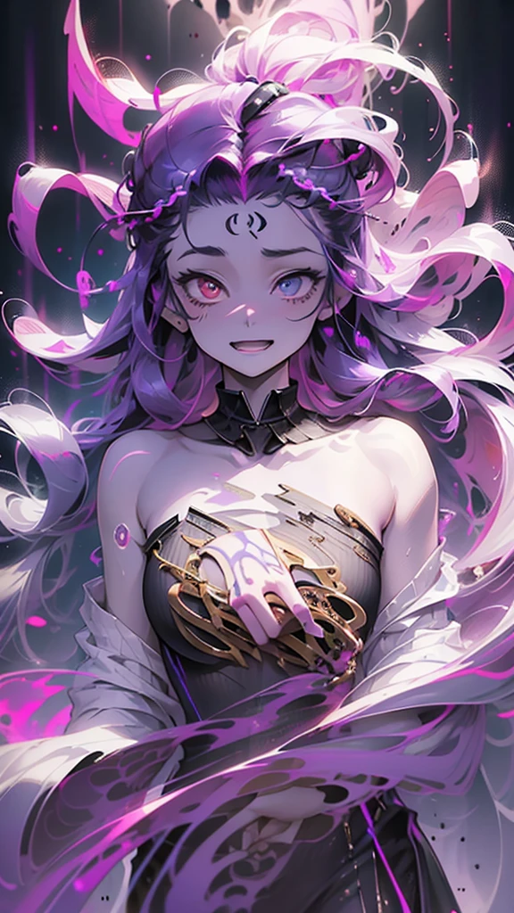 cheerful boy aristocrat open forehead. dark purple hair braided in a ponytail on the left side to one side. sinuous black horns wrapped in dark purple ribbon. pale violet eyes. in short dark purple shorts. long white T-shirt. dark purple knee-high socks. a white long robe with a hood flutters in the wind. black ancient stone walls of the castle purple light from lamps with gold ornaments, heterochromia, long curly hair, pale skin, I look at the viewer, closed mouth, bright smile, Beautiful, extremely detailed eye, Absolutely amazing art, extremely detailed, Digital art of the highest quality, full length, old piano, ancient walls of a stone castle