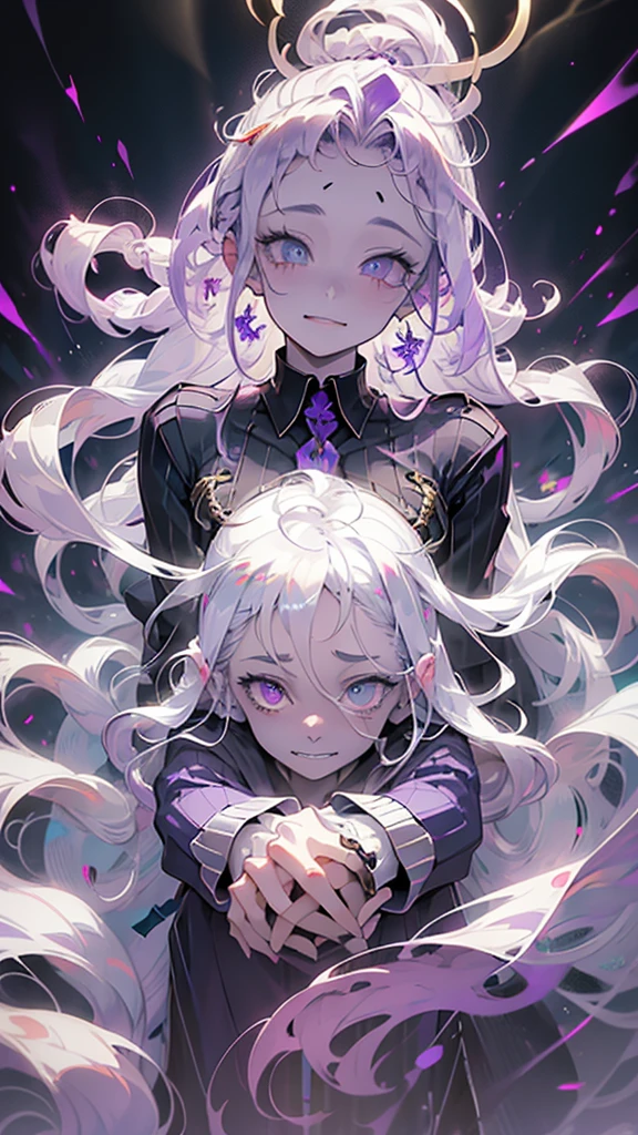 cheerful boy with open forehead. dark purple hair braided in a ponytail on the left side to one side. sinuous black horns wrapped in dark purple ribbon. pale violet eyes. in short dark purple shorts. long white T-shirt. dark purple knee-high socks. a white long robe with a hood flutters in the wind. black ancient stone walls of the castle purple light from lamps with gold ornaments, heterochromia, long curly hair, pale skin, I look at the viewer, closed mouth, bright smile, Beautiful, extremely detailed eye, Absolutely amazing art, extremely detailed, Digital art of the highest quality, full length, old pionino ancient castle