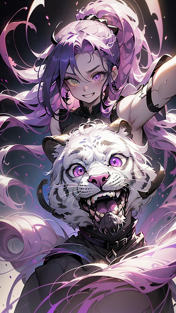 cheerful boy aristocrat open forehead. dark purple hair braided in a ponytail on the left side to one side. sinuous black horns wrapped in dark purple ribbon. pale violet eyes. in short dark purple shorts. long white T-shirt. dark purple knee-high socks. a white long robe with a hood flutters in the wind. black ancient stone walls of the castle purple light from lamps with gold ornaments, heterochromia, long curly hair, pale skin, I look at the viewer, closed mouth, bright smile, Beautiful, extremely detailed eye, Absolutely amazing art, extremely detailed, Digital art of the highest quality, full length, old piano, ancient walls of a stone castle