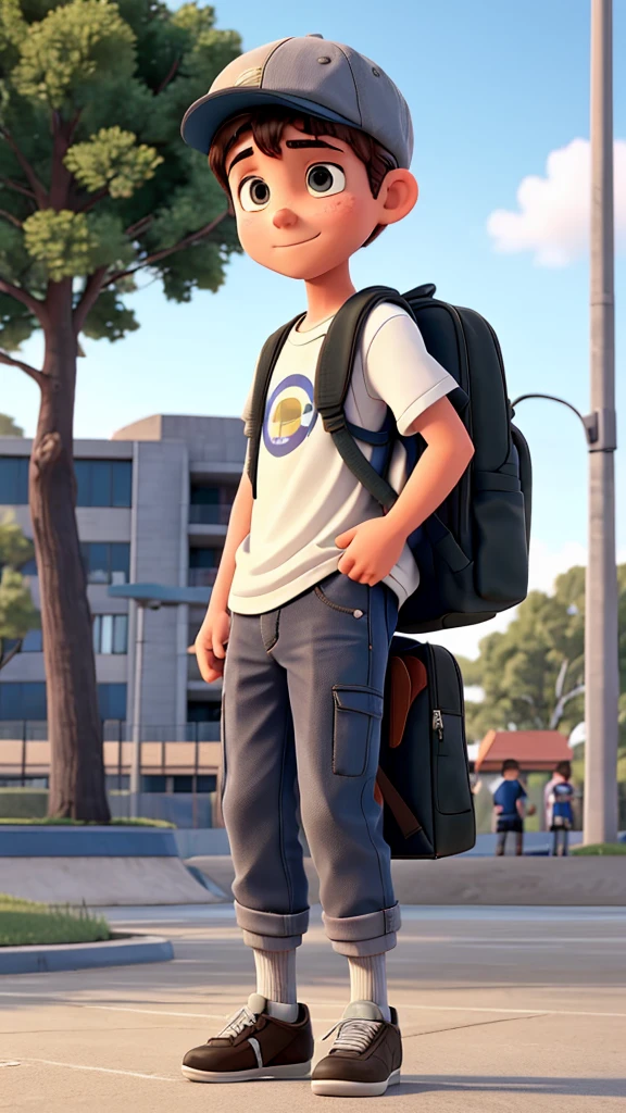 a boy with a cap and backpack on his back, a student. he's at the skate park.