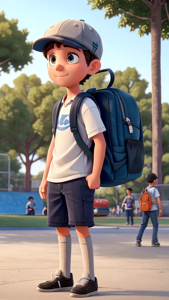 a boy with a cap and backpack on his back, a student. he's at the skate park.