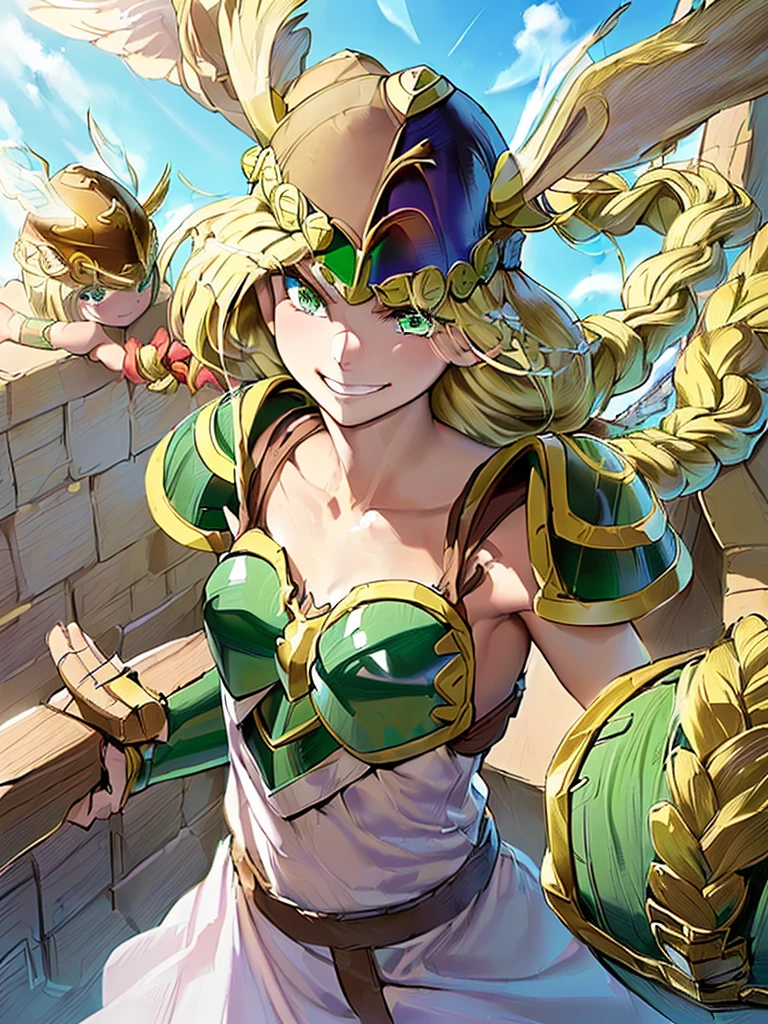 masterpiece,best quality, 1girl, 18yo, beautiful girl,BREAK,(Armor:1.8),(Helmet with wings:1.7),(Beautiful blonde,braid,Green Eyes:1.5),BREAK,(smiley, smirk, happy, Troll, determined:1.3),BREAK, (blue sky:1.4),(She flies in the sky:1.5),(She descends from the sky:1.3),