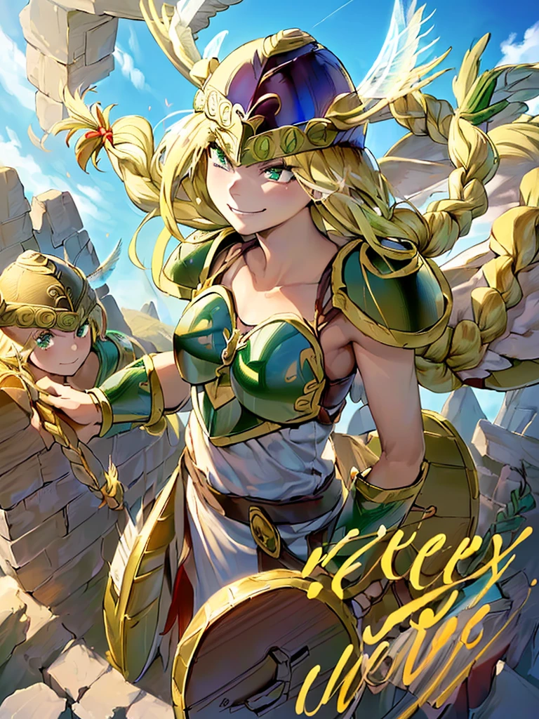 masterpiece,best quality, 1girl, 18yo, beautiful girl,BREAK,(Armor:1.8),(Helmet with wings:1.7),(Beautiful blonde,braid,Green Eyes:1.5),BREAK,(smiley, smirk, happy, Troll, determined:1.3),BREAK, (blue sky:1.4),(She flies in the sky:1.5),(She descends from the sky:1.3),