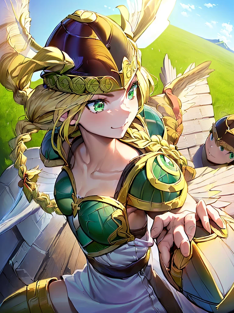 masterpiece,best quality, 1girl, 18yo, beautiful girl,BREAK,(Armor:1.8),(Helmet with wings:1.7),(Beautiful blonde,braid,Green Eyes:1.5),BREAK,(smiley, smirk, happy, Troll, determined:1.3),BREAK, (blue sky:1.4),(She flies in the sky:1.5),(She descends from the sky:1.3),