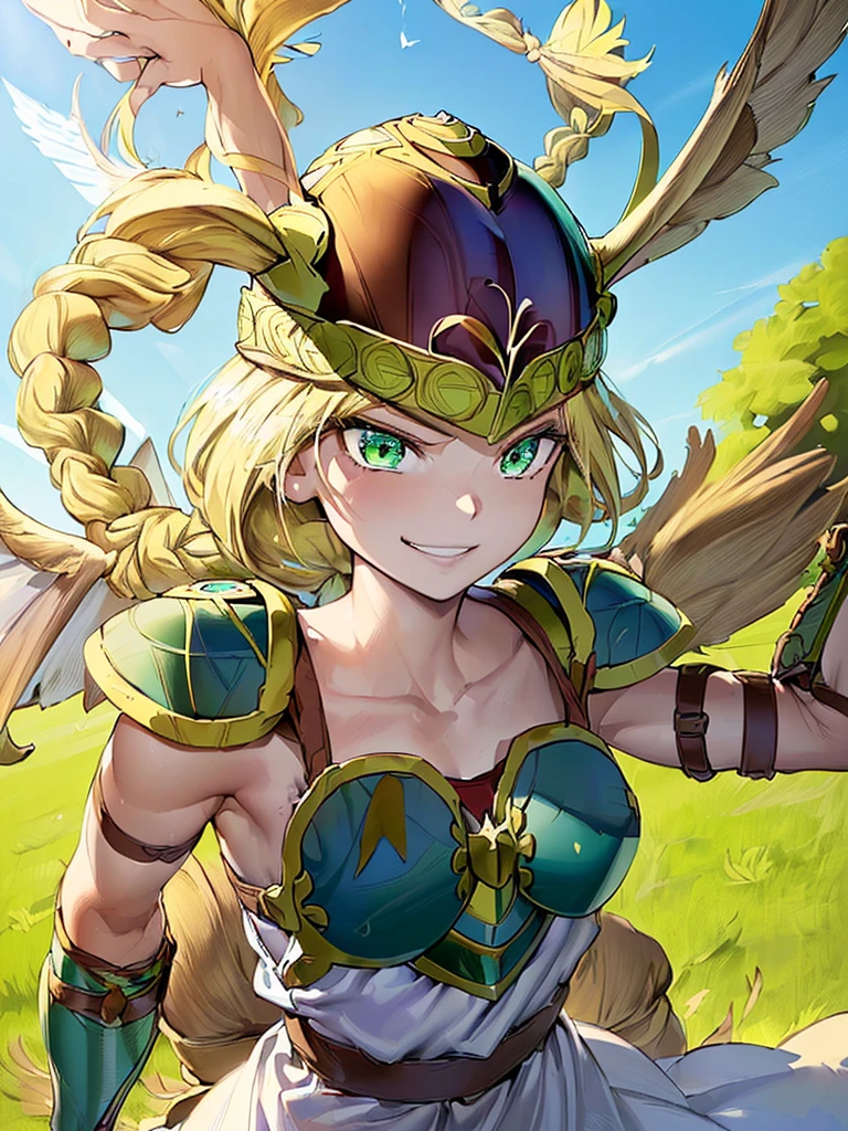 masterpiece,best quality, 1girl, 18yo, beautiful girl,BREAK,(Armor:1.8),(Helmet with wings:1.7),(Beautiful blonde,braid,Green Eyes:1.5),BREAK,(smiley, smirk, happy, Troll, determined:1.3),BREAK, (blue sky:1.4),(She flies in the sky:1.5),(She descends from the sky:1.3),