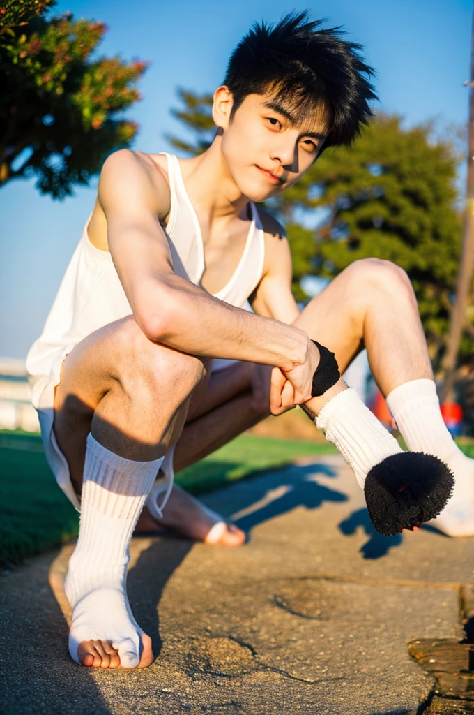 nansheng,1 boy, Solitary, topless, wear white thong underwaer,Socks and feet close-up,Male focus,sky空, outdoor, sky, Practical,Grass, Whole body, show abs,(The best shadow), Wheels within wheels, bright, Lens distortion correction,(The best shadow),Wheels within wheels, bright, Lens distortion correction