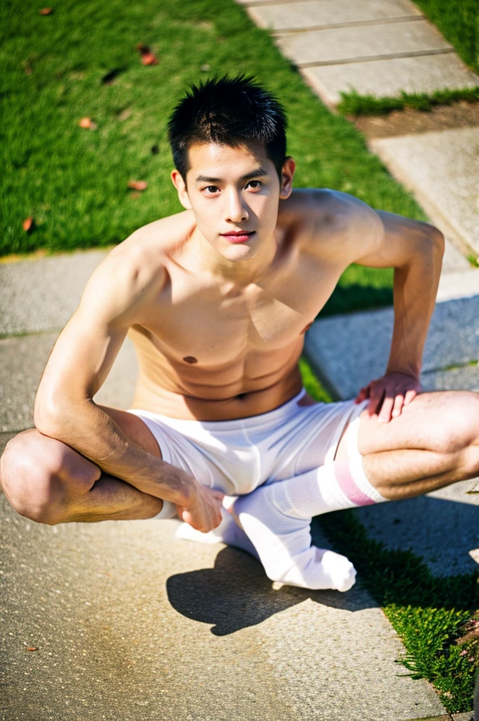 nansheng,1 boy, Solitary, topless, wear white thong underwaer,Socks and feet close-up,Male focus,sky空, outdoor, sky, Practical,Grass, Whole body, show abs,(The best shadow), Wheels within wheels, bright, Lens distortion correction,(The best shadow),Wheels within wheels, bright, Lens distortion correction
