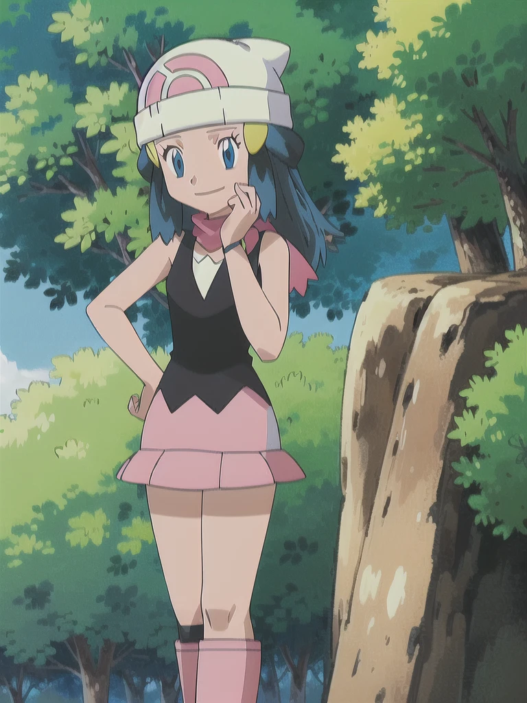 masterpiece, best quality, 1girl, dawn \(pokemon\), beanie, long hair, blue hair, blue eyes, black sleeveless shirt, pink scarf, pink skirt, pink boots, hands on hips, smile, looking at viewer, forest background