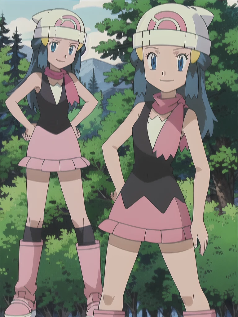 masterpiece, best quality, 1girl, dawn \(pokemon\), beanie, long hair, blue hair, blue eyes, black sleeveless shirt, pink scarf, pink skirt, pink boots, hands on hips, smile, looking at viewer, forest background