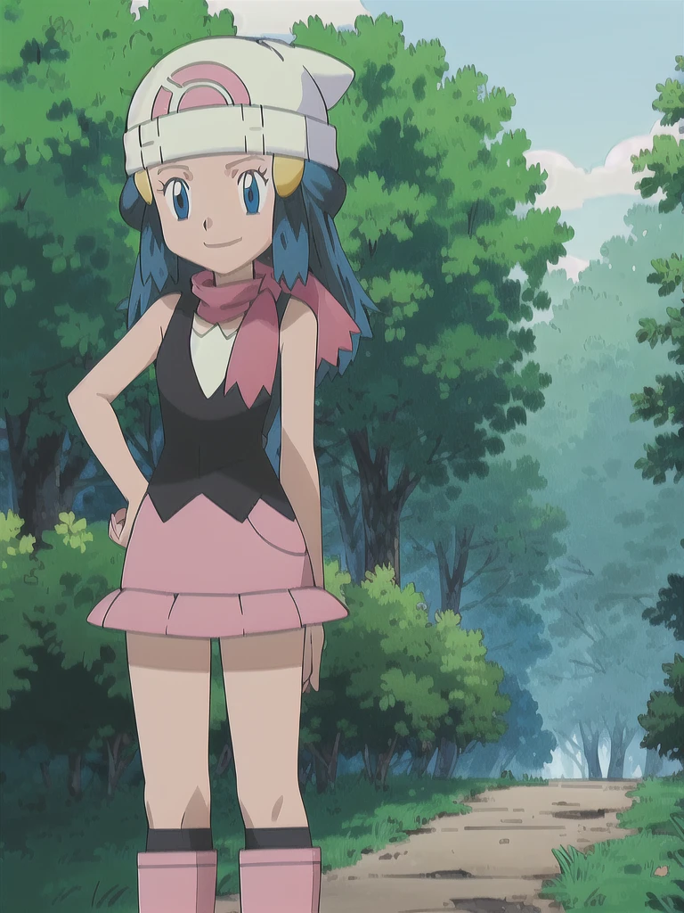 masterpiece, best quality, 1girl, dawn \(pokemon\), beanie, long hair, blue hair, blue eyes, black sleeveless shirt, pink scarf, pink skirt, pink boots, hands on hips, smile, looking at viewer, forest background