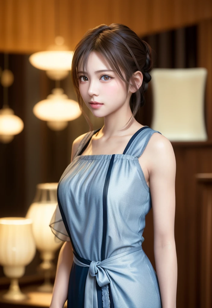8K, of the highest quality, masutepiece:1.2), (Realistic, Photorealsitic:1.37), of the highest quality, masutepiece, Beautiful young woman, Pensive expression, Gentle look, Cute Maid Clothes, Hair tied back, feeling radiant, Cinematic background,, Light skin tone
