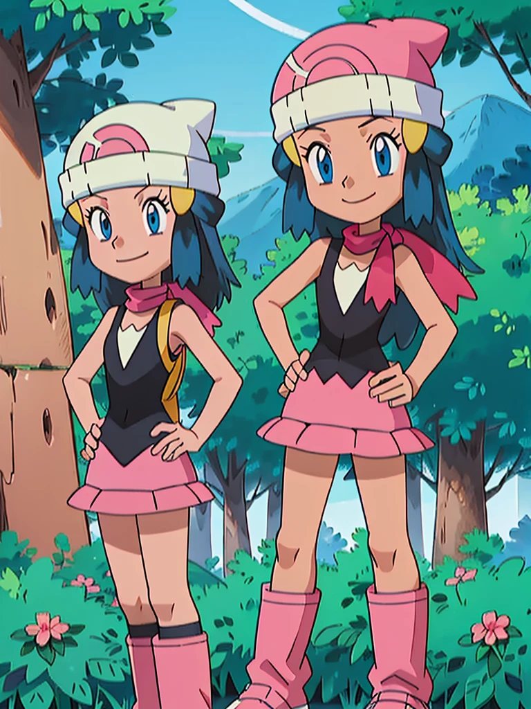 masterpiece, best quality, 1girl, dawn \(pokemon\), beanie, long hair, blue hair, blue eyes, black sleeveless shirt, pink scarf, pink skirt, pink boots, hands on hips, smile, looking at viewer, forest background 