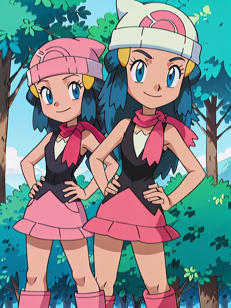 masterpiece, best quality, 1girl, dawn \(pokemon\), beanie, long hair, blue hair, blue eyes, black sleeveless shirt, pink scarf, pink skirt, pink boots, hands on hips, smile, looking at viewer, forest background