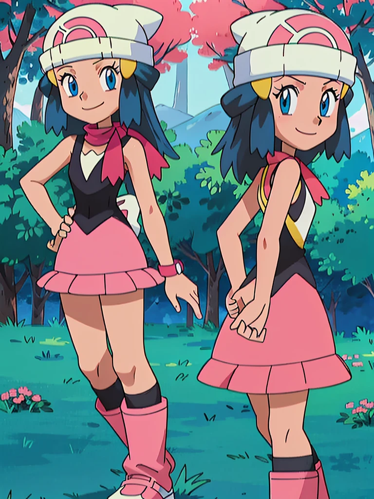 masterpiece, best quality, 1girl, dawn \(pokemon\), beanie, long hair, blue hair, blue eyes, black sleeveless shirt, pink scarf, pink skirt, pink boots, hands on hips, smile, looking at viewer, forest background 