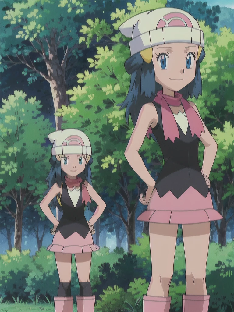 masterpiece, best quality, 1girl, dawn \(pokemon\), beanie, long hair, blue hair, blue eyes, black sleeveless shirt, pink scarf, pink skirt, pink boots, hands on hips, smile, looking at viewer, forest background