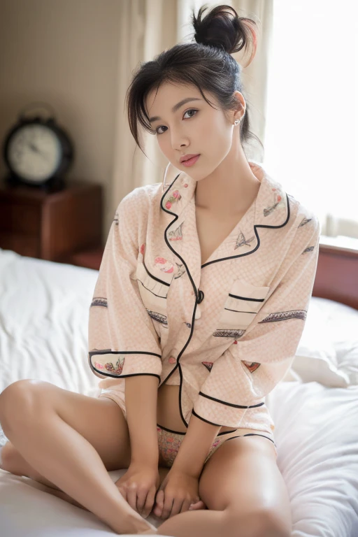 top Quority,Ultra-clear resolution, ((Beautiful Chinese aunt). Body. Sexy. Slim. Thin. Captivating. Natural face. No lipstick. Messy Bun. ( no Earrings-Earrings).
((Micro panties)), ((breasted button-up. pajama sleep shirt)), long legs_full body. Pose.erotic. sit down. On bed