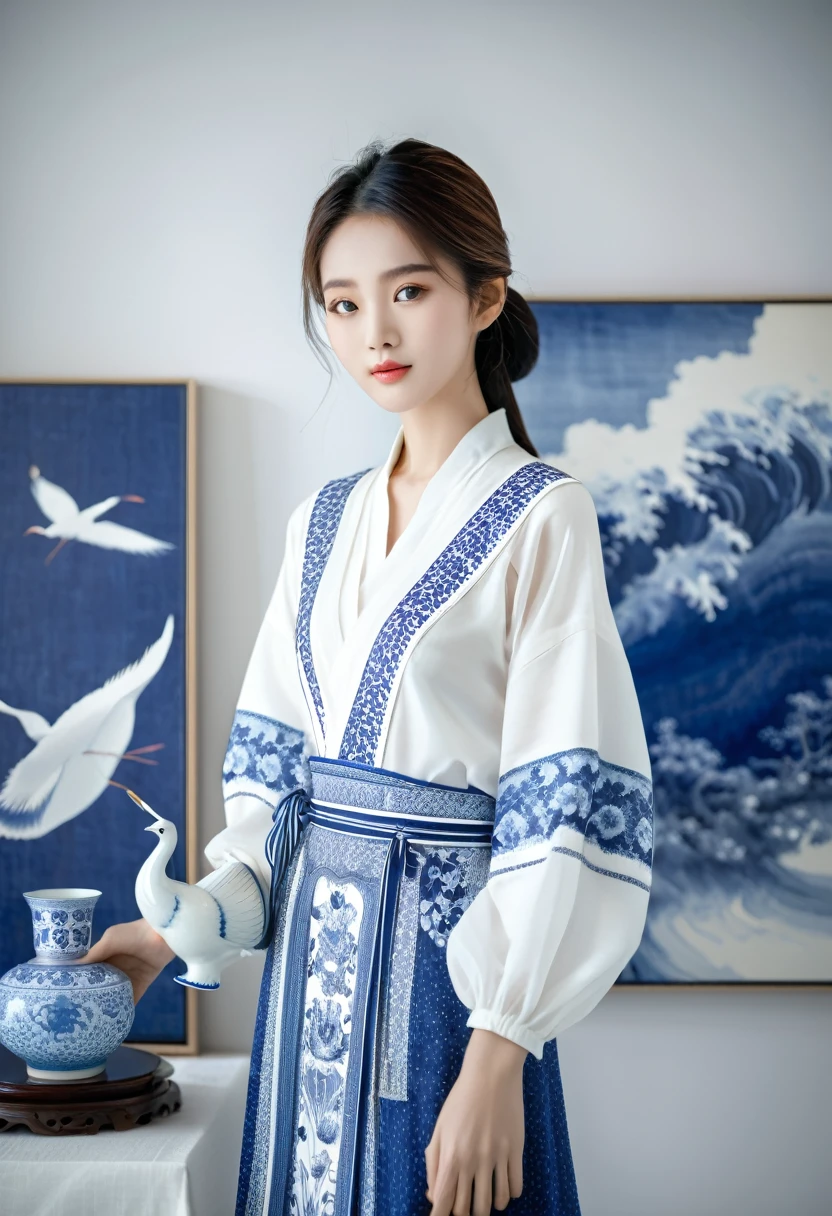 An Asian girl in white and blue clothes holds a vase, large paintings, Monochrome elegant desktop photography, animal picture [V3] $ Ultra-high-definition picture quality.Xianxia