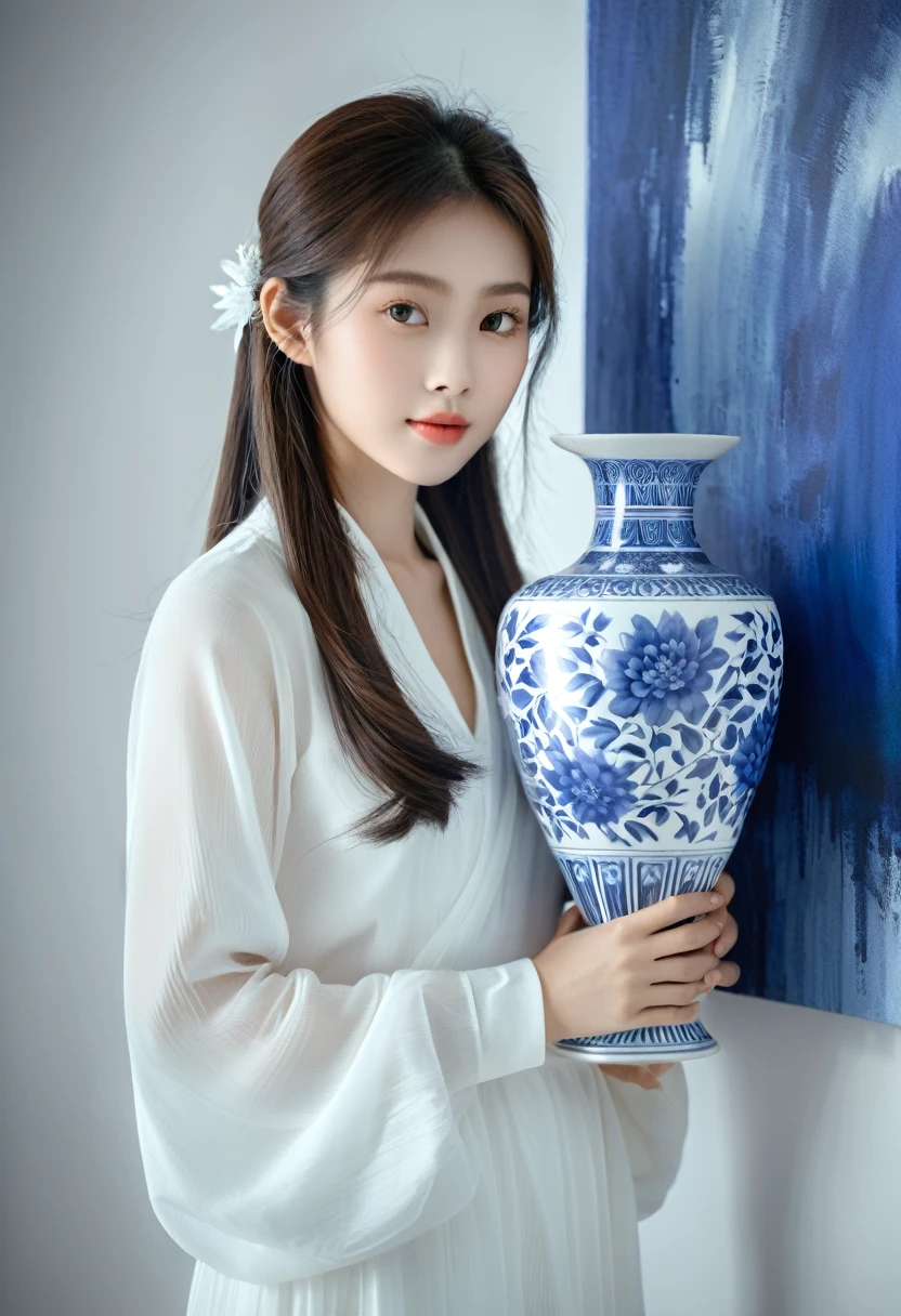 An Asian girl in white and blue clothes holds a vase, large paintings, Monochrome elegant desktop photography, animal picture [V3] $ Ultra-high-definition picture quality.Xianxia