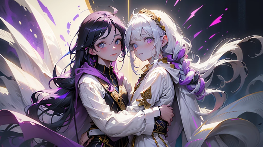 cheerful boy with open forehead. dark purple hair braided in a ponytail on the left side to one side. sinuous black horns wrapped in dark purple ribbon. pale violet eyes. in short dark purple shorts. long white T-shirt. dark purple knee-high socks. a white long robe with a hood flutters in the wind. black ancient stone walls of the castle purple light from lamps with gold ornaments, heterochromia, long curly hair, pale skin, I look at the viewer, closed mouth, bright smile, Beautiful, extremely detailed eye, Absolutely amazing art, extremely detailed, Digital art of the highest quality, full length, old pionino ancient castle
