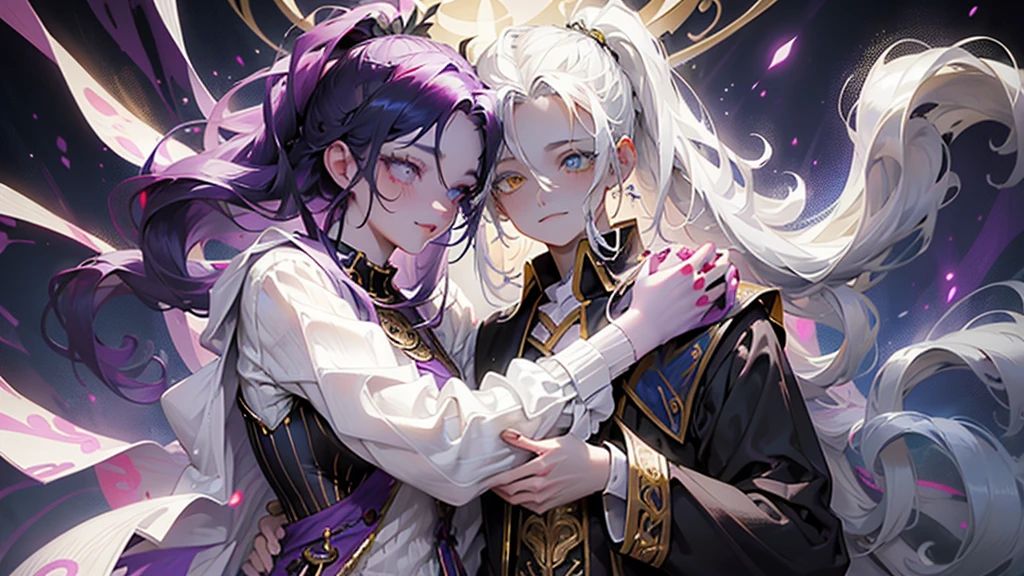 cheerful boy with open forehead. dark purple hair braided in a ponytail on the left side to one side. sinuous black horns wrapped in dark purple ribbon. pale violet eyes. in short dark purple shorts. long white T-shirt. dark purple knee-high socks. a white long robe with a hood flutters in the wind. black ancient stone walls of the castle purple light from lamps with gold ornaments, heterochromia, long curly hair, pale skin, I look at the viewer, closed mouth, bright smile, Beautiful, extremely detailed eye, Absolutely amazing art, extremely detailed, Digital art of the highest quality, full length, old pionino ancient castle