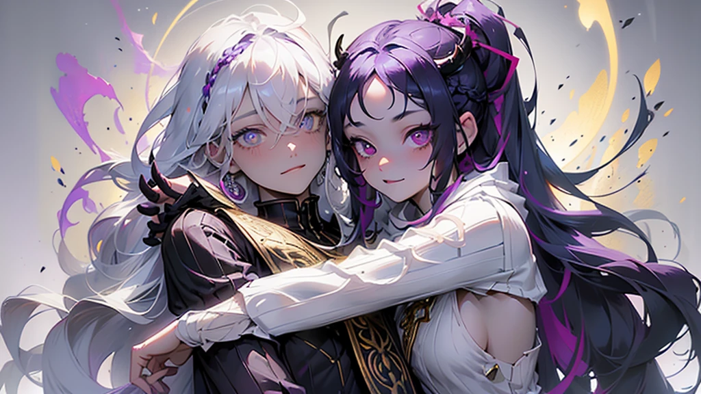 cheerful boy with open forehead. dark purple hair braided in a ponytail on the left side to one side. sinuous black horns wrapped in dark purple ribbon. pale violet eyes. in short dark purple shorts. long white T-shirt. dark purple knee-high socks. a white long robe with a hood flutters in the wind. black ancient stone walls of the castle purple light from lamps with gold ornaments, heterochromia, long curly hair, pale skin, I look at the viewer, closed mouth, bright smile, Beautiful, extremely detailed eye, Absolutely amazing art, extremely detailed, Digital art of the highest quality, full length, old pionino ancient castle