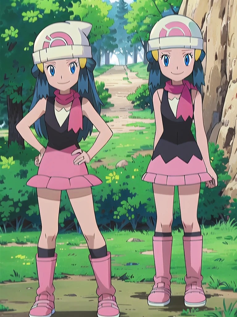 masterpiece, best quality, 1girl, dawn \(pokemon\), beanie, long hair, blue hair, blue eyes, black sleeveless shirt, pink scarf, pink skirt, pink boots, hands on hips, smile, looking at viewer, forest background
