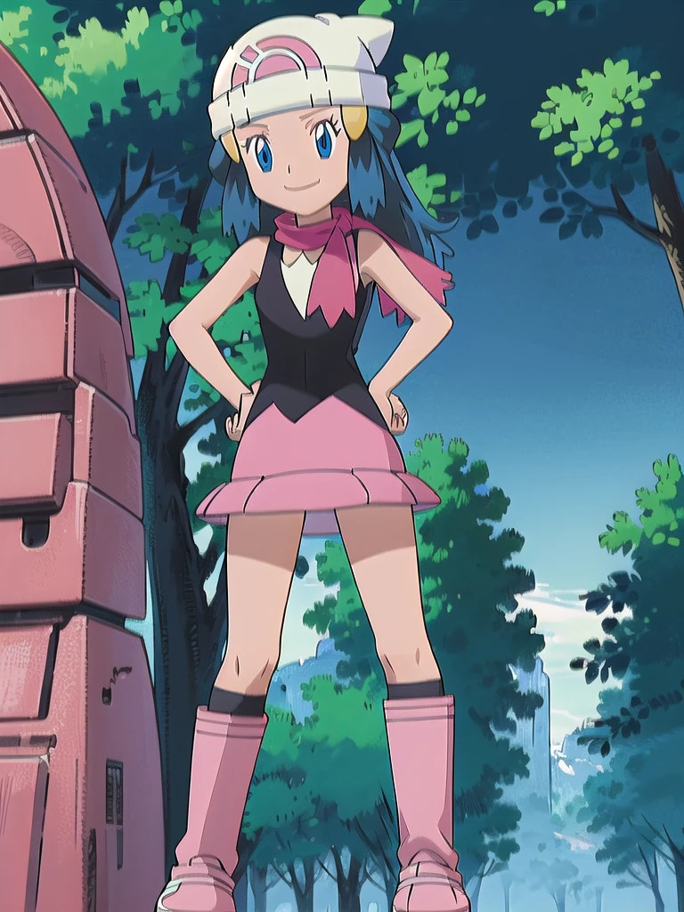 masterpiece, best quality, 1girl, dawn \(pokemon\), beanie, long hair, blue hair, blue eyes, black sleeveless shirt, pink scarf, pink skirt, pink boots, hands on hips, smile, looking at viewer, forest background 